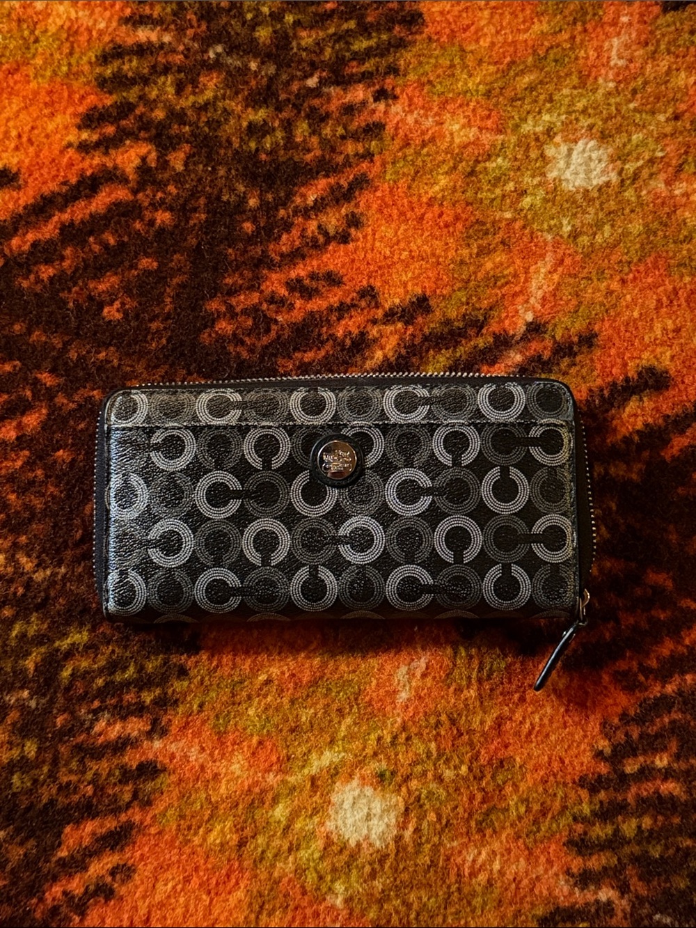Coach Black Signature Zip Wallet with Silver 'C' Pattern